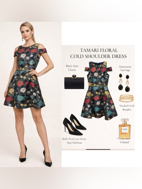 Tahari Arthur S Levine Dresses & Skirts - Tahari Cold Shoulder Floral Fit & Flare Metallic Jacquard dress 8 chic,cocktail